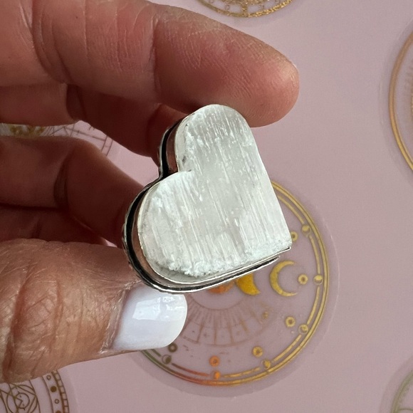 925 RAW Selenite Heart Crystal Charge Ring 5 6 7 8 9 10.5 - Picture 6 of 9